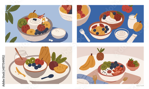 Set of Healthy Breakfast with Fruits and Yogurt