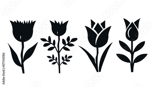 Two stylized black silhouette flowers with stems and leaves on a white background.