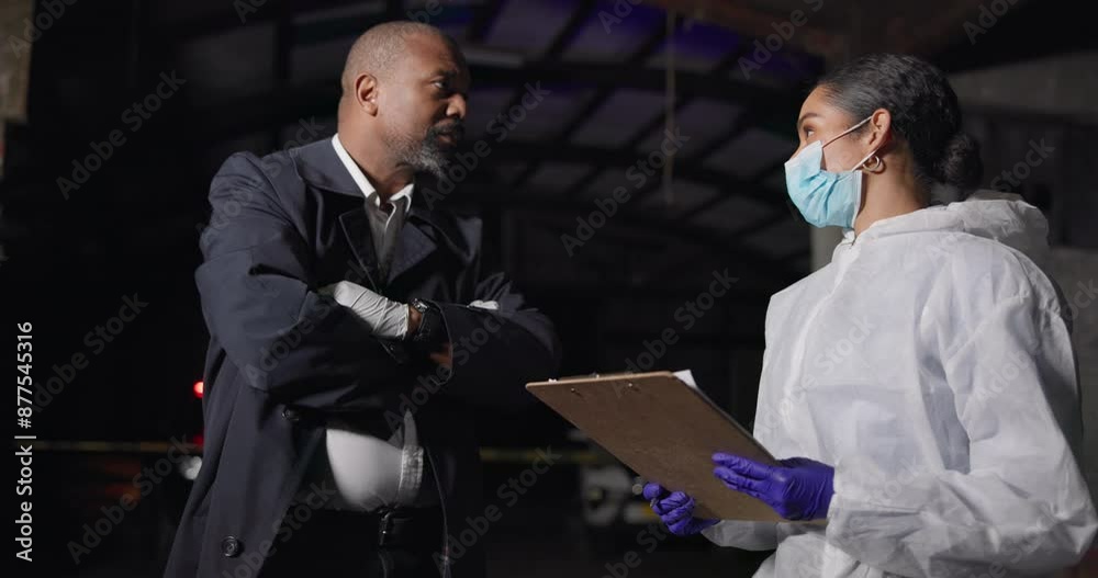 Crime scene, teamwork and forensic police in discussion with evidence ...