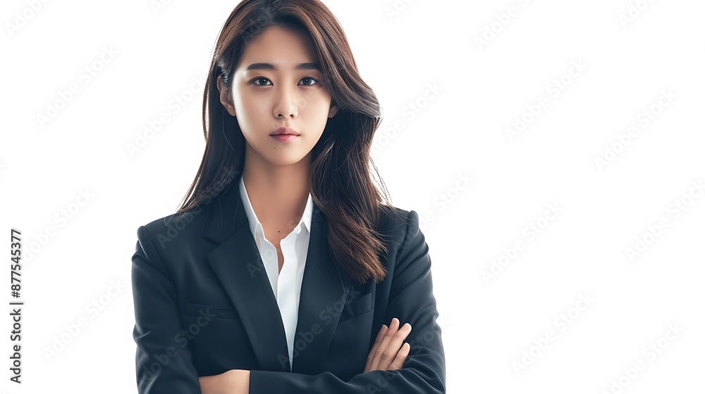 Young Asian woman, Korean makeup, straight hair, office suit, standing with confidence, white background. 32k, full ultra HD, high resolution Young Asian woman, Korean makeup, straight hair, office suit, standing with confidence, white background. 32k, full ultra HD, high resolution