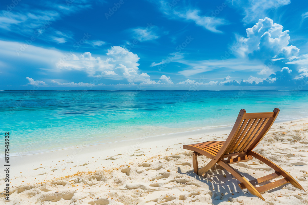 Serene tropical beach with a lounge chair facing the turquoise ocean and a calm, blue sky horizon Serene tropical beach with a lounge chair facing the turquoise ocean and a calm, blue sky horizon