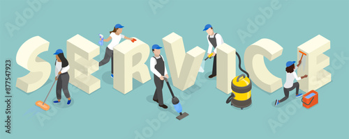 3D Isometric Flat Vector Illustration of Cleaning Service, Experienced Team Equipped with Tools