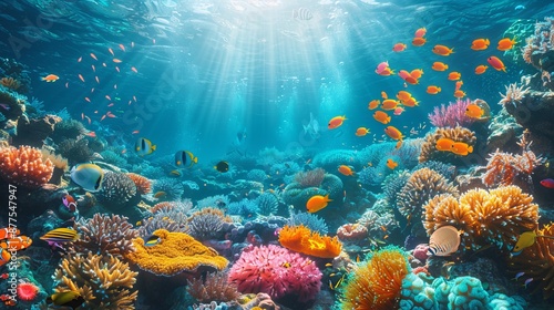 An underwater shot of schooling fish among colorful coral reefs