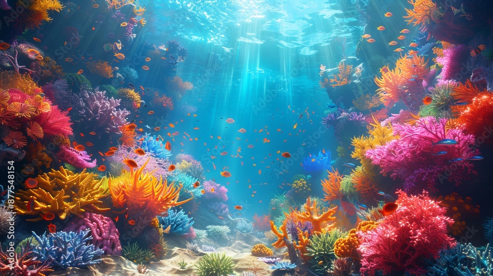 Wildlife of tropical fish among the corals, a vibrant sea panorama.