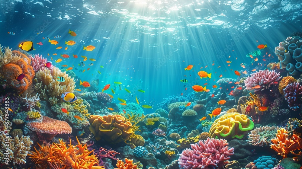Naklejka premium Sea scene: tropical fish on a coral reef, wildlife.