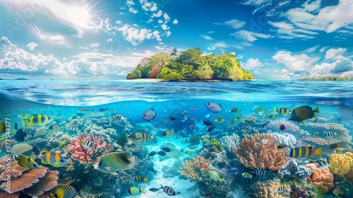 Colorful underwater panorama: tropical fish on a coral reef. © Igbal