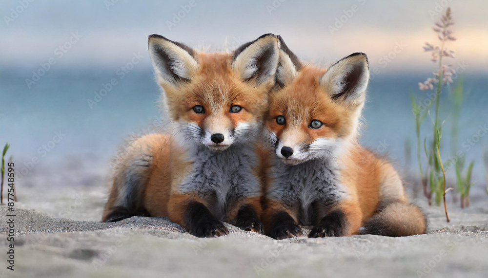 Wild baby red foxes cuddling at the beach Wild baby red foxes cuddling at the beach