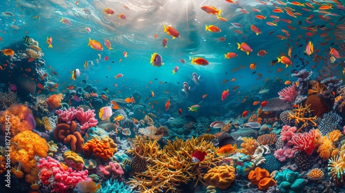Tropical fish and corals in the wild, underwater colorful panorama.