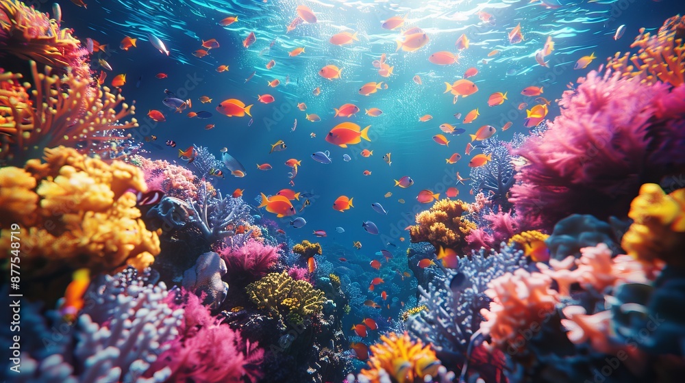 Fototapeta premium Coral reef with tropical fish, colorful sea wildlife