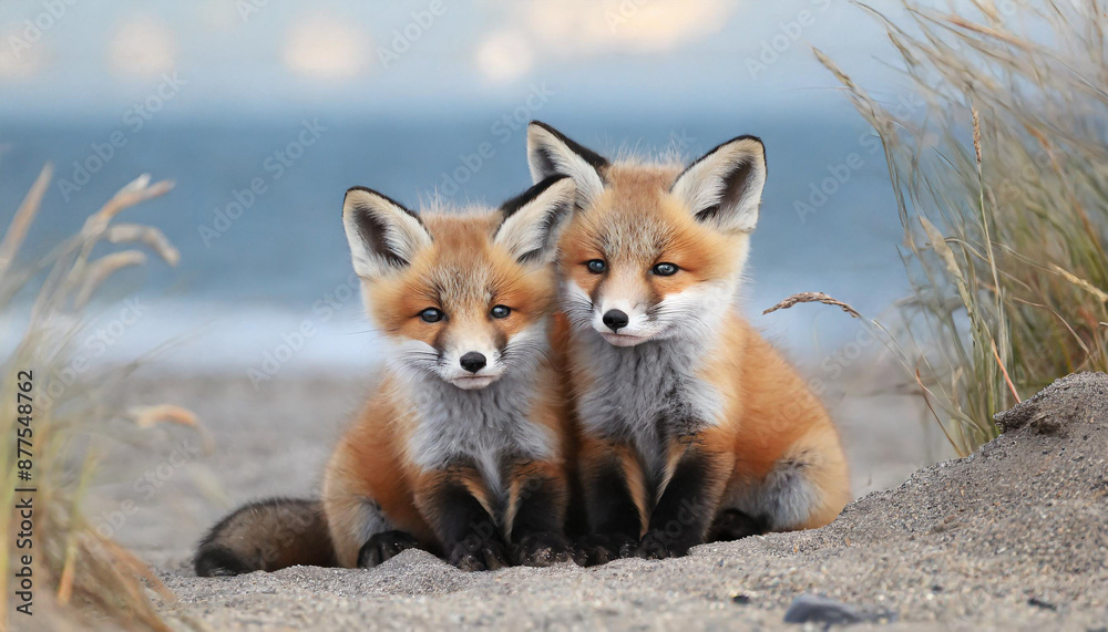 Wild baby red foxes cuddling at the beach