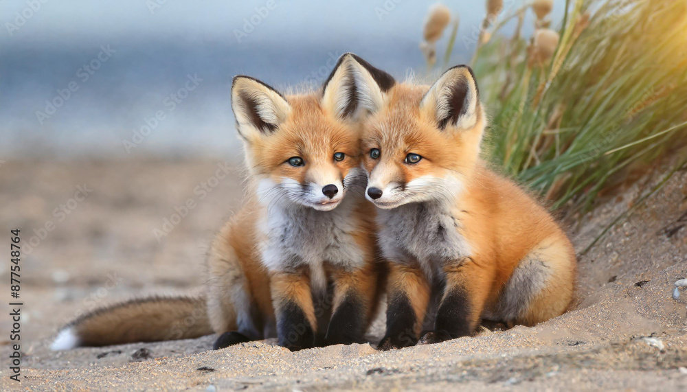 Wild baby red foxes cuddling at the beach Wild baby red foxes cuddling at the beach