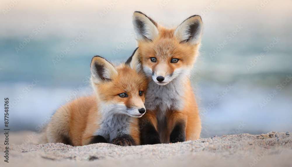 Wild baby red foxes cuddling at the beach Wild baby red foxes cuddling at the beach