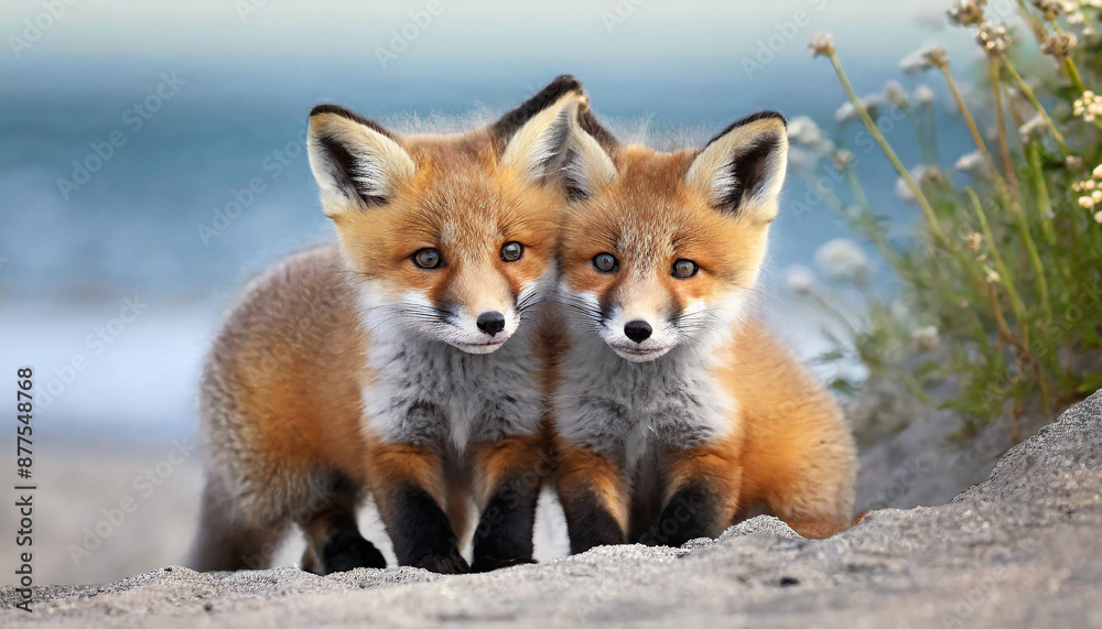 Wild baby red foxes cuddling at the beach Wild baby red foxes cuddling at the beach
