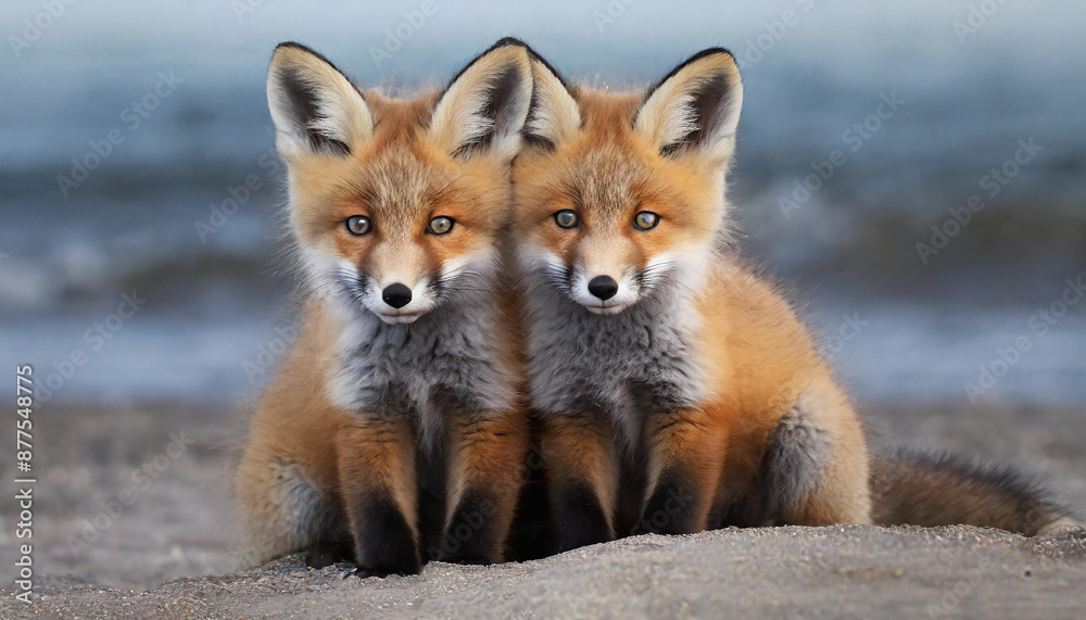 Wild baby red foxes cuddling at the beach Wild baby red foxes cuddling at the beach