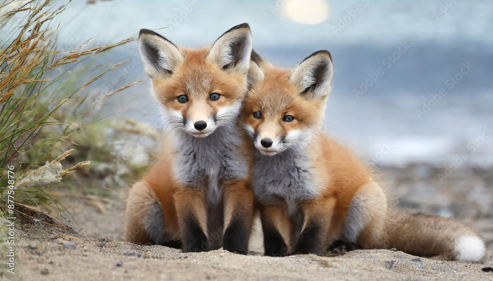 Wild baby red foxes cuddling at the beach Wild baby red foxes cuddling at the beach