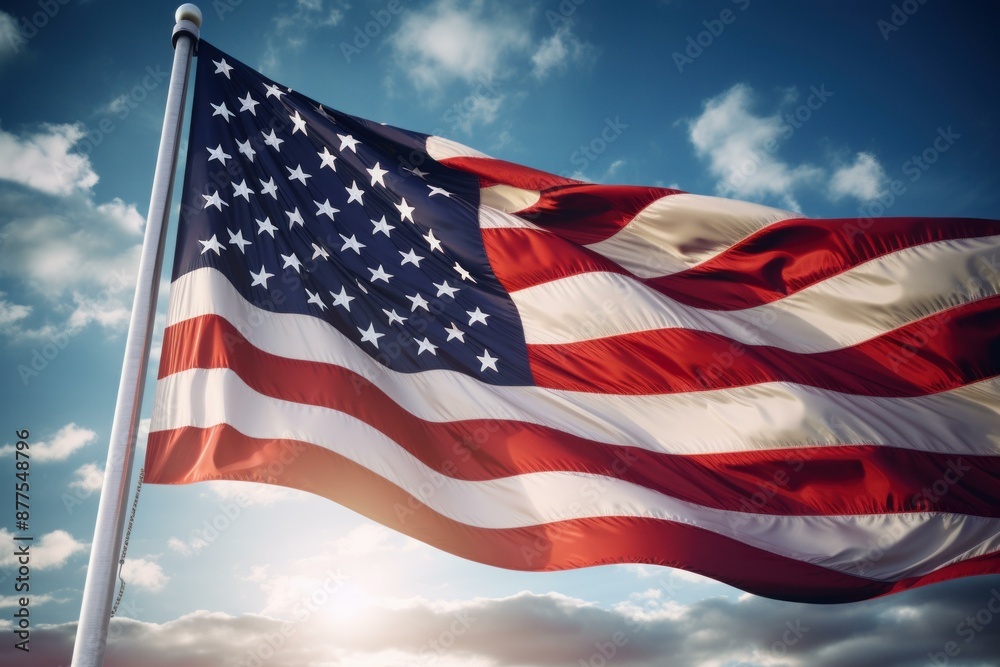 Vibrant usa flag fluttering against a backdrop of dynamic clouds and sunlight Vibrant usa flag fluttering against a backdrop of dynamic clouds and sunlight