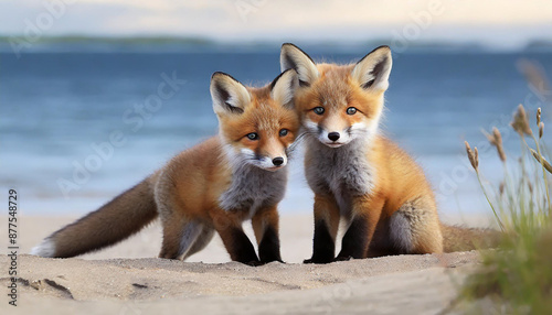 Wild baby red foxes cuddling at the beach