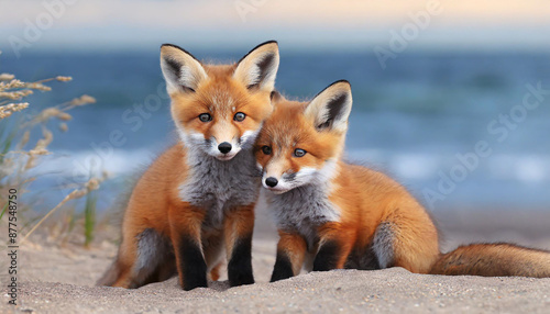 Wild baby red foxes cuddling at the beach