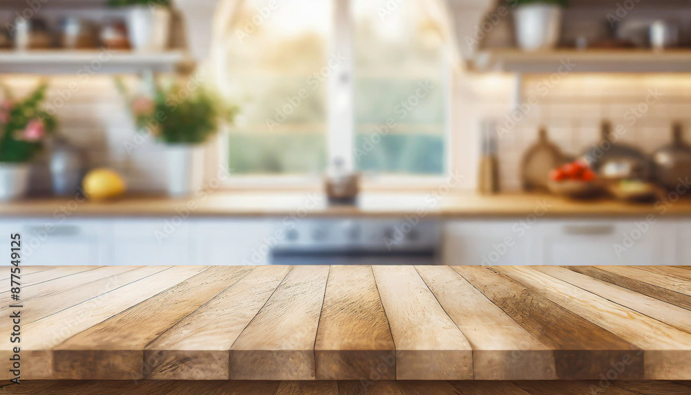 Wood table top on blur kitchen counter background. Wood table top on blur kitchen counter background.