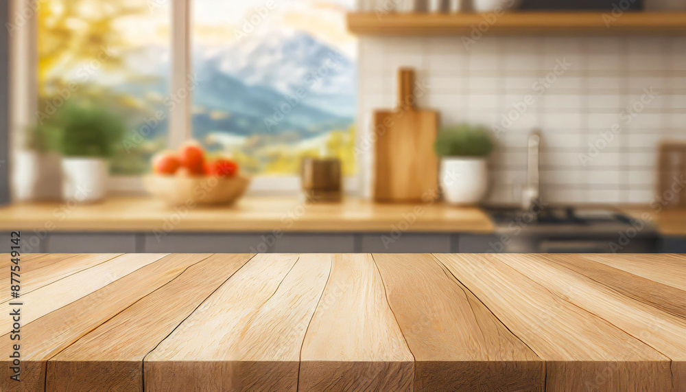 Wood table top on blur kitchen counter background. Wood table top on blur kitchen counter background.