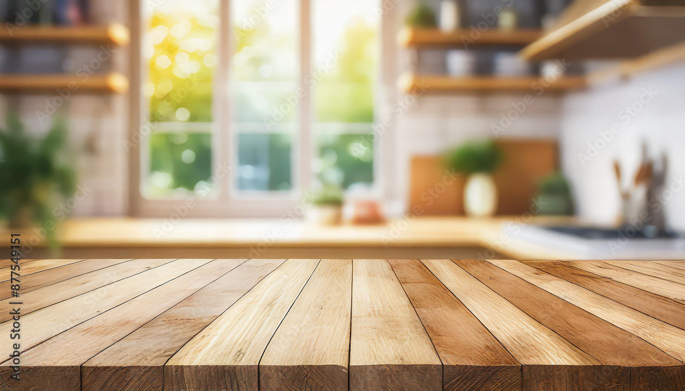 Wood table top on blur kitchen counter background. Wood table top on blur kitchen counter background.
