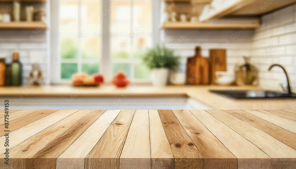 Wood table top on blur kitchen counter background. Wood table top on blur kitchen counter background.