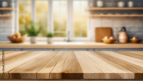 Wood table top on blur kitchen counter background.