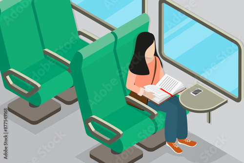 3D Isometric Flat Vector Illustration of Reading in a Train, Relaxation While Commuting