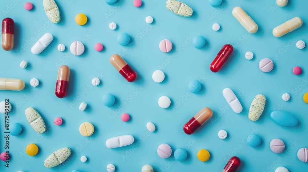 Various colored medication tablets pills and capsules on a blue background Health care idea with empty space