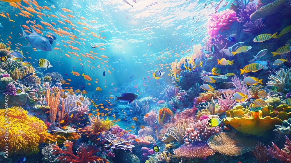 Naklejka premium Underwater world: tropical fish against the backdrop of a coral reef.