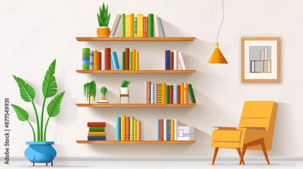 Cozy reading nook with wooden shelves, vibrant books, houseplants, a mustard armchair, and a minimalistic lamp Cozy reading nook with wooden shelves, vibrant books, houseplants, a mustard armchair, and a minimalistic lamp