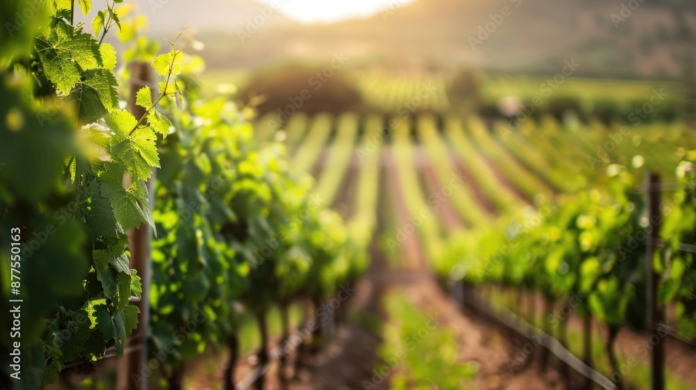 Scenic vineyard row with fresh green leaves in symmetrical layout blurred foreground for text