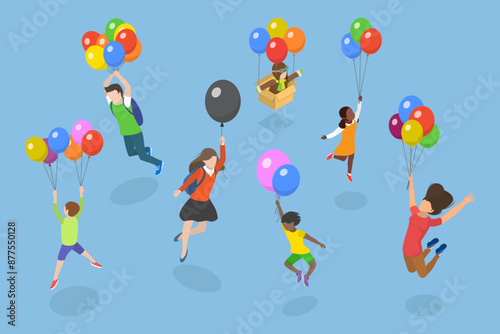 3D Isometric Flat Vector Illustration of Soaring in the Sky, Happy Children Flying High with Bright Balloons