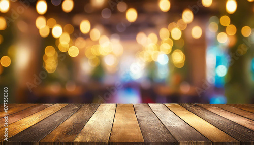 Wooden table, blurred bokeh background background. Neon light, night view, close-up. The general background of the interior, a dark background.