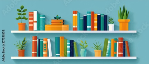 Vibrant wall shelves featuring assorted books and potted plants, creating a fresh, organized look