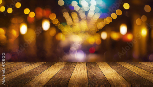 Wooden table, blurred bokeh background background. Neon light, night view, close-up. The general background of the interior, a dark background.