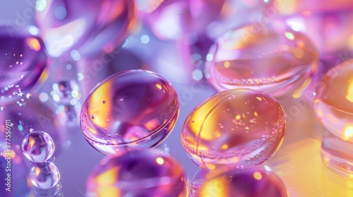 Detailed close-up of vitamin discs dissolving in water, vibrant colors, and bubbles © Anna