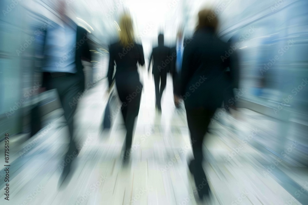 Group of business people walking in a modern corridor, motion blur effect Group of business people walking in a modern corridor, motion blur effect