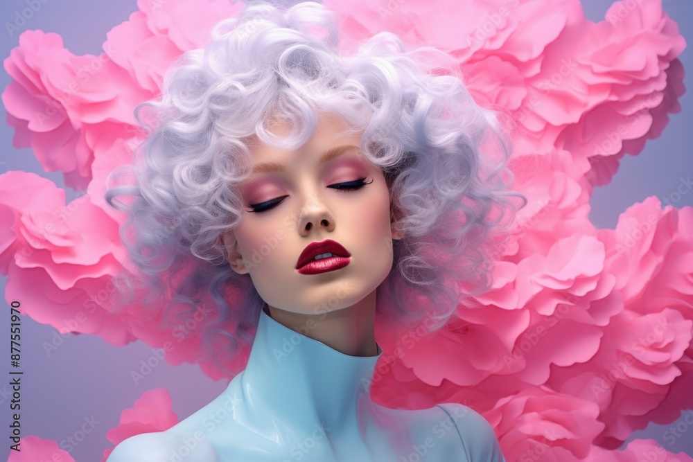 Elegant woman with white hair, red lips, and a pink cloud backdrop in a fantasy setting Elegant woman with white hair, red lips, and a pink cloud backdrop in a fantasy setting