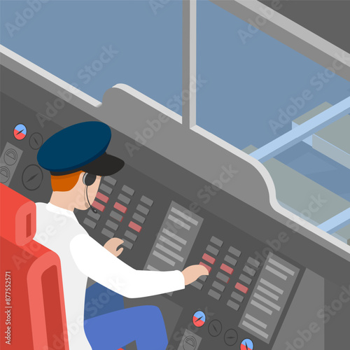 3D Isometric Flat Vector Illustration of Train Driver, Inside View from a Cabin