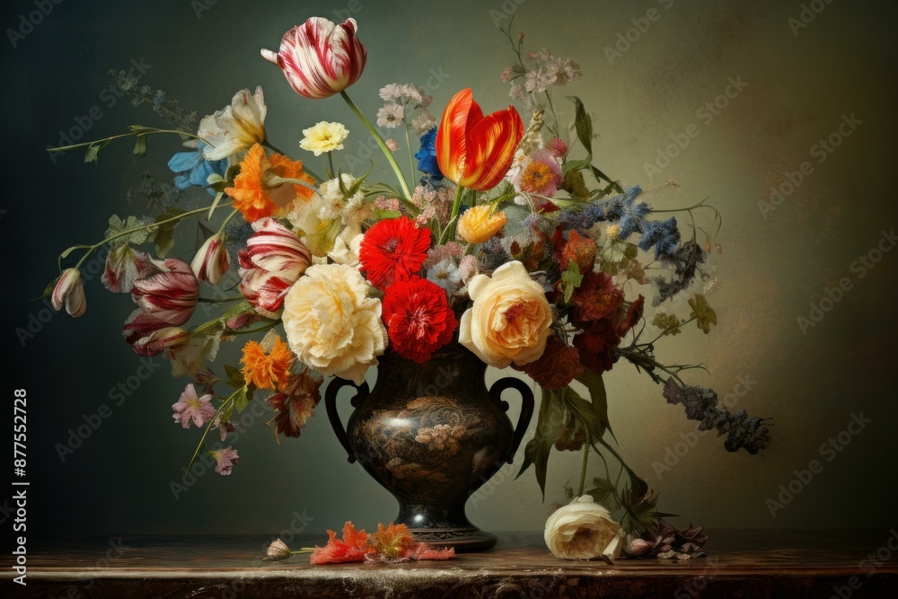 Fototapeta premium Antique vase filled with a vibrant mix of seasonal flowers on a classic backdrop
