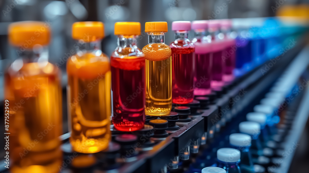 Vibrant colors of liquid in glass bottles on a production line at a factory . Vibrant colors of liquid in glass bottles on a production line at a factory .