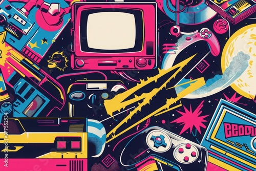A nostalgic poster featuring 90s pop culture elements 