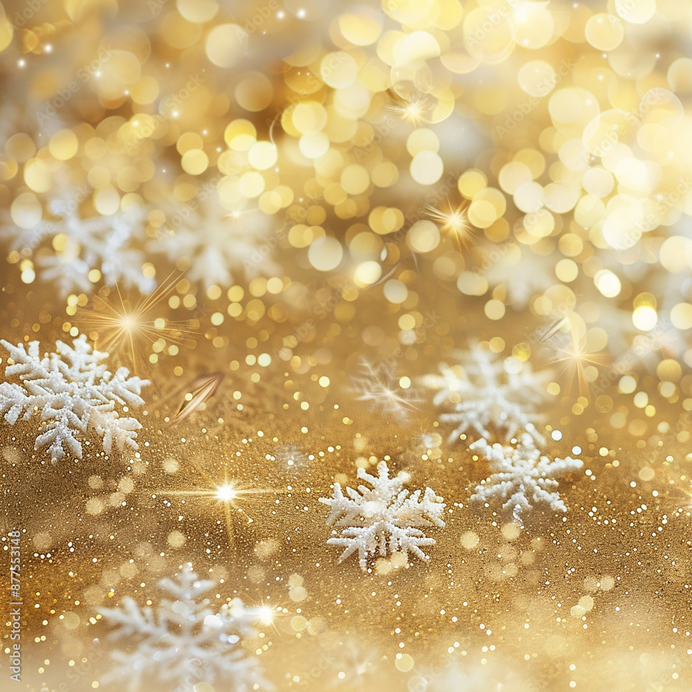 Golden snowflakes, soft focused background with light bokeh and shimmering glitters background. AI Golden snowflakes, soft focused background with light bokeh and shimmering glitters background. AI