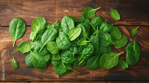 Fresh spinach leaves spread out on a rustic wooden surface, highlighting their rich green color and nutritious appeal for a healthy diet