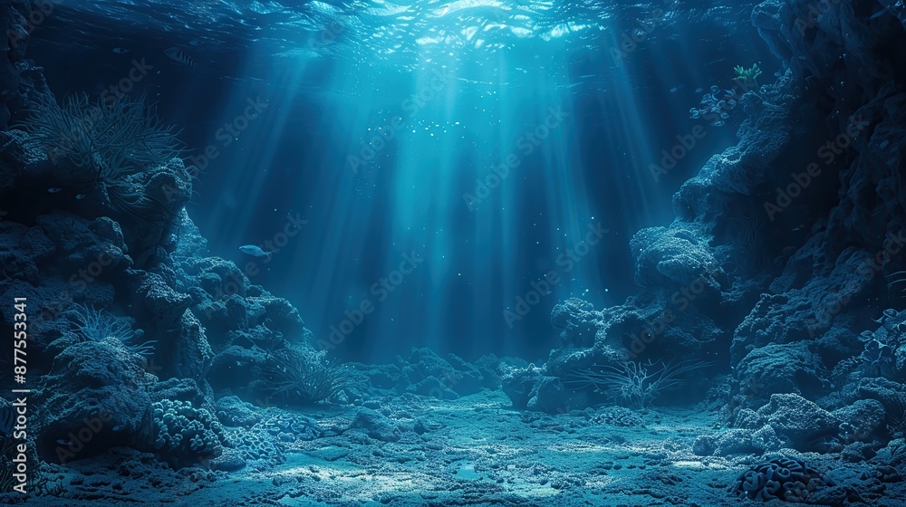 Obraz premium Underwater Scene with Sunbeams and Coral Reef