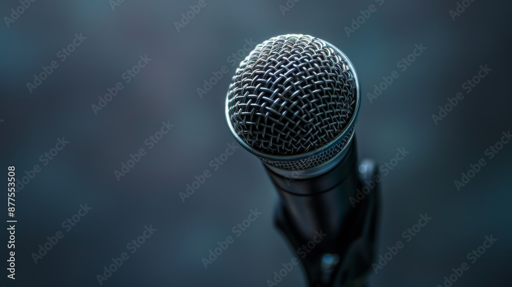 Close-up of a microphone on a stand on a gray background. Modern musical technology. Sound concept. Close-up of a microphone on a stand on a gray background. Modern musical technology. Sound concept.