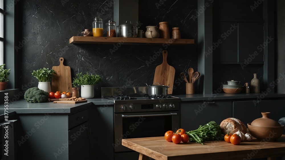 Modern Kitchen with Fresh Vegetables, Wooden Shelves, and Black Marble Backsplash