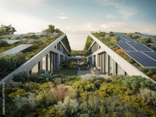 Stunning Architectural Shot of a Modern Eco-Friendly Building with Green Roofs and Solar Panels