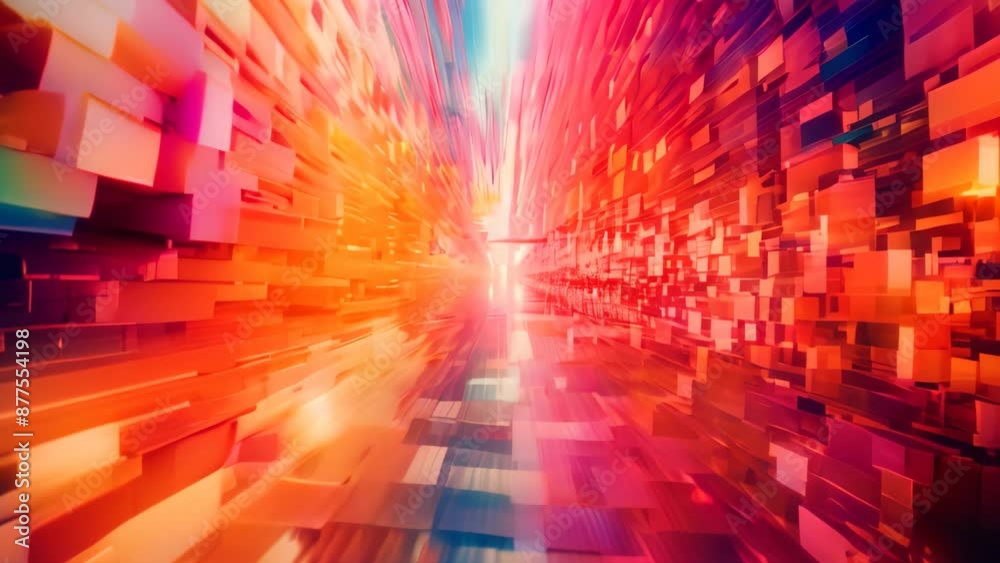 Colorful depiction of a bustling city street with vibrant hues and abstract shapes, Graphical representations of information whizzing past